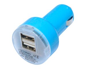 Зарядка автомобільна в прикурювач 2 USB/2.1A/1A: Блакитний