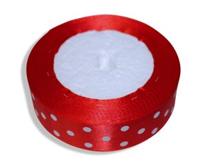 Стрічка атласна в горошок 2.5см/23м: Червона в білий горошок