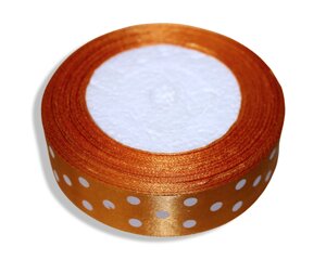 Стрічка атласна в горошок 2.5см/23м: Помаранчева в білий горошок