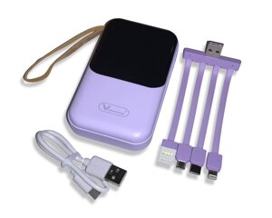 Power Bank Viaking Y148 10000 мАч портативний акумулятор зі світлодіодним дисплеєм ліхтариком і 4 кабелями : Сиреневий