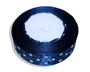 Стрічка атласна в горошок 2.5см/23м: Синя в білий горошок