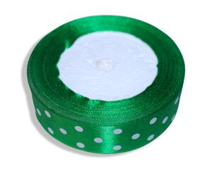 Стрічка атласна в горошок 2.5см/23м: Зелена в білий горошок