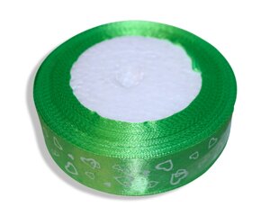 Стрічка атласна з білими сердечками 2.5см/23м: Зелена