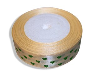 Стрічка атласна з сердечками 2.5см/23м: Бежева з зеленими сердечками