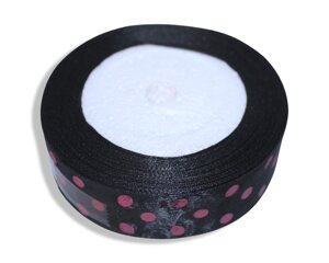 Стрічка атласна в горошок 2.5см/23м: Чорна в рожевий горошок