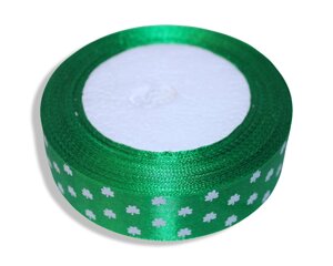 Стрічка атласна з листочками 2.5см/23м: Зелена з білими листочками