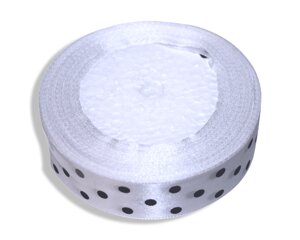 Стрічка атласна в горошок 2.5см/23м: Біла в чорний горошок