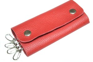 Ключниця шкіряна натуральна з тисненням і кардхолдером на 4 карабіни/11х4.5см: Червоний