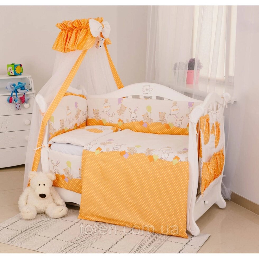 Комплект змінної постільної білизни в дитяче ліжечко  з балдахіном та захистом, Горошки оранжеві ##от компании## Інтернет - Магазин "Дітки - Цукерки" - ##фото## 1