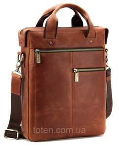 Чоловіча коричнева сумка зі шкіри А4 вертикальна, сумка месенджер руда шкіряна з ременем через плече топ
