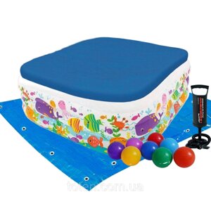 Дитячий надувний басейн Intex 57471-3 «Акваріум», 159 х 159 х 50 см, з кульками 10 шт, тентом, підстилкою, насосом топ