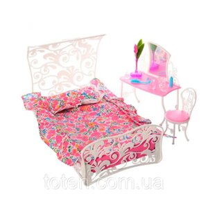 Спальня для ляльок Барбі лялькові меблі ліжко трюмо стілець дзеркало ваза з квітами Gloria
