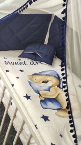 Комплект змінного постільної білизни "Ведмедик синій" балдахін, ковдра, подушка, борти-захист