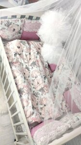 Комплект дитячої постільної білизни з бортиками, ковдрою, подушкою, балдахіном, Мереживо пудра