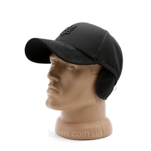 Зимова чорна тактична кепка з гербом розмір S, бейсболка із зовнішніми вухами на флісі, патріотичний бейс з вишивкою топ