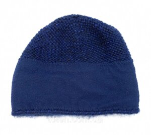 Жіноча шапка з перлами темно синя з вовни, мохеру на зиму, зимова шапка синя з намистинами на флісі топ