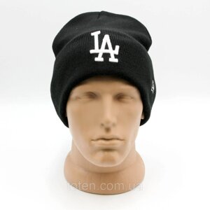 Чоловіча/жіноча шапка LA чорна тепла, вязана шапка з відворотом Лос-Анджелес чорна з білим логотипом на зиму/осінь