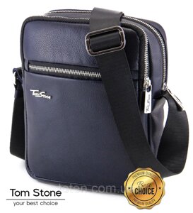Сумка синя шкіряна чоловіча для планшета з ременем Tom Stone, чоловіча сумка планшет синя з шкіри через плече топ