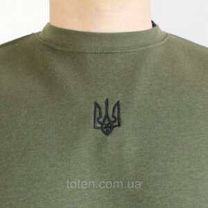 Стильний світшот з вишивкою Тризуб (ХХL), толстовка чоловіча Герб України олива, патріотична кофта хакі
