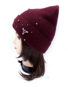 Жіноча бордова шапка зі стразами з вовни зимова, тепла в'язана бордова шапка з намистинами на зиму 56-59р