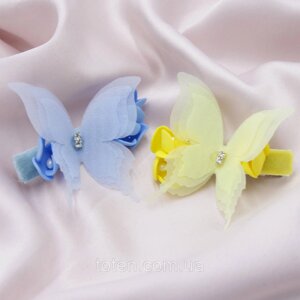 Заколки в волосся (пара) жовто-блакитні/чорні метелики, Патріотичні об'ємні шпильки для волосся handmade
