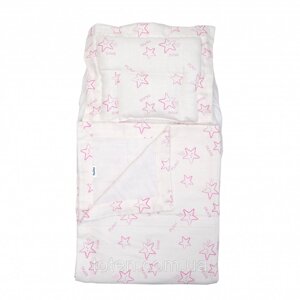 Набір білизни в дитячий візок муслін плед, подушка і наматрацник на резинці, Stars pink, білий/рожевий