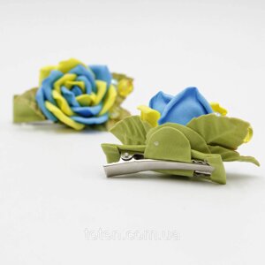 Патріотична об'ємна заколка для волосся жовто-блакитна троянда, Заколка для волосся handmade, Заколки з квітами на