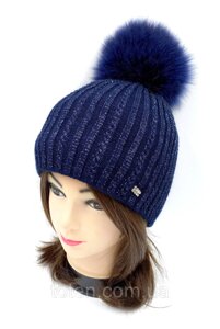 Зимняя вязаная шапка голубая синяя на флисе, женская/детская теплая шапка с помпоном на зиму из акрила топ