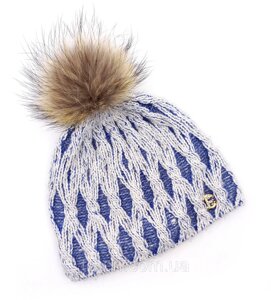 Жіноча зимова шапка синя на флісі з помпоном, тепла в'язана шапка із золотим логотипом на зиму флісова топ