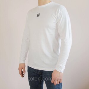 Біла футболка з довгим рукавом, патріотичний лонгслів з Гербом (XL), чоловічий лонг якісний з Тризубом топ