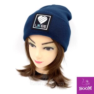 Жіноча/Дитяча шапка Лайк синя, сіра, кавова на зиму/осінь, тепла шапка з логотипом Likee в'язана