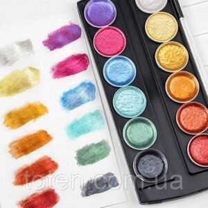 Фарби акварельні з перламутром (металік) для малювання 12 кольорів, перламутрові фарби, що переливаються топ
