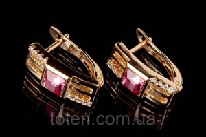 Жіночі класичні сережки XUPING прямокутні з рожевим каменем, сережки з мед сплаву під золото топ