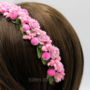Об'ємний обруч для волосся з трояндами, Обруч для волосся handmade, Обруч з квітами на голову