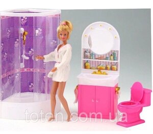Набір меблів для ляльок Gloria Ванна кімната з душовою кабіною умивальник з дзеркалом і тумбою, унітаз Т