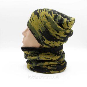 В'язаний чоловічий Комплект Braxton Шапка+Бафф, тактична шапка піксель темна з підкладкою фліс, баф з резинкою