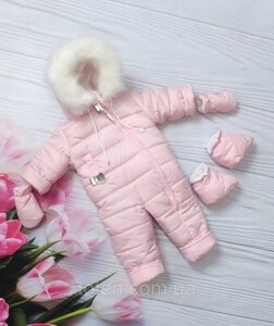 Теплий комбінезон для немовляти, пінетки, рукавички, три розміри: 68, 74, 80 см. Рожевий