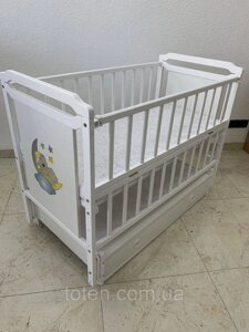Ліжечко дерев'яне для новонароджених Карина, маятник, шухляда, відкидна боковина, розмір 120-60 см, бук, Біла