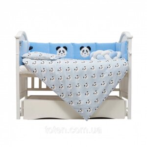 Постільна білизна в ліжечко 7 елементів Коса, бортики, ковдра, подушка, простирадло на гумці, Панда блакитний