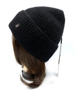 Жіноча тепла шапка на зиму чорна ATRIKS, в'язана зимова шапка чорна з вовни, ангори 56-59 розмір топ