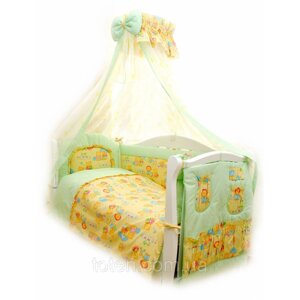 Комплект змінної постільної білизни в дитяче ліжечко з балдахіном та захистом, бавовна, Пухнасті ведмедики зелені