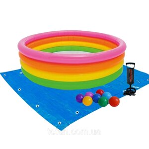 Дитячий надувний басейн Intex 56441-2 «Райдуга», 168 х 46 см, з кульками 10 шт, підстилкою, насосом топ