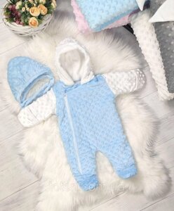 Плюшевый комбинезон для малышей Минки человечек для новорожденных, шапочка, от 0 до 4х месяцев. Голубо-белый