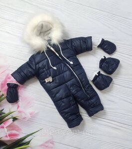 Теплый комбинезон для младенца, пинетки, рукавички, три размера: 68, 74, 80 см. Синий