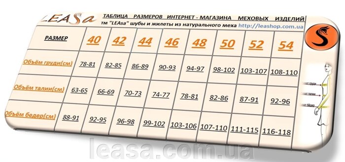 Меховые жилетки, размерная сетка