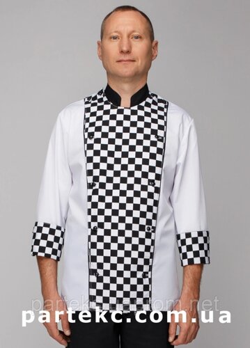 Куртка двобортна кухаря МАЙЛС чоловіча, білого кольору з чорною кліткою