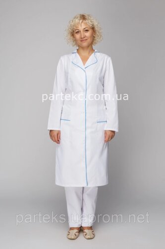 Халат медичний Доріс, жіночий з довгим рукавом білого кольору