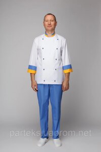 Кітель кухаря Шеф-Кухар, білого кольору та синьо-жовтими вставками