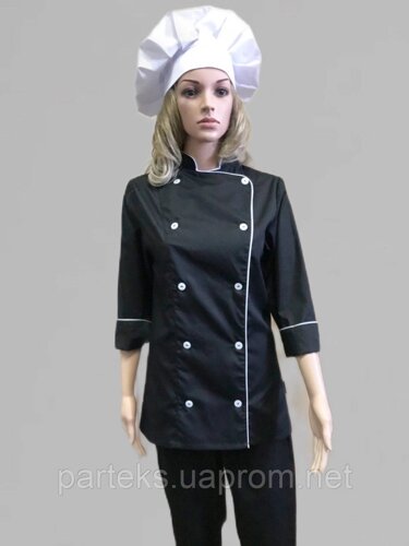 Кітель кухаря жіночий чорного кольору з білим кантом