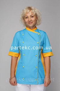 Куртка кухаря жіноча Символ, блакитного кольору з жовтими вставками